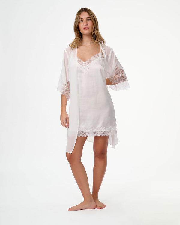 חלוק שיפון שרוול קצר משולב תחרה עשירה - IVORY