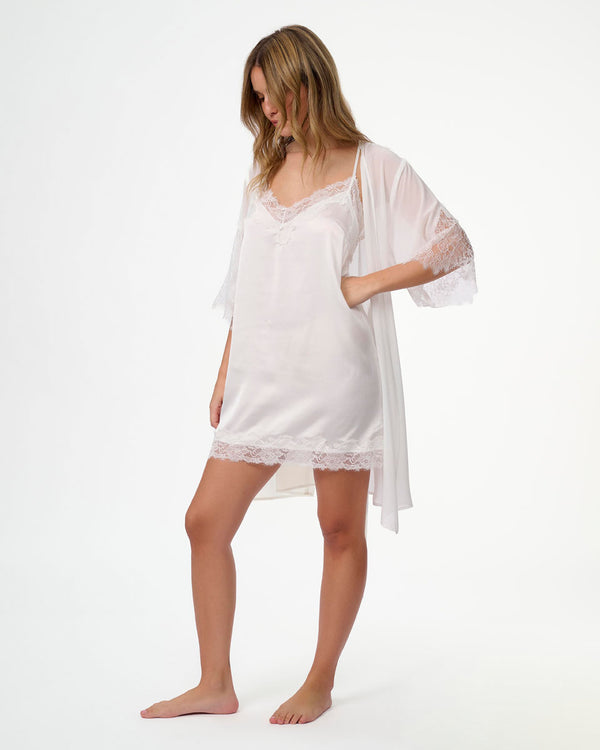 חלוק שיפון שרוול קצר משולב תחרה עשירה - IVORY