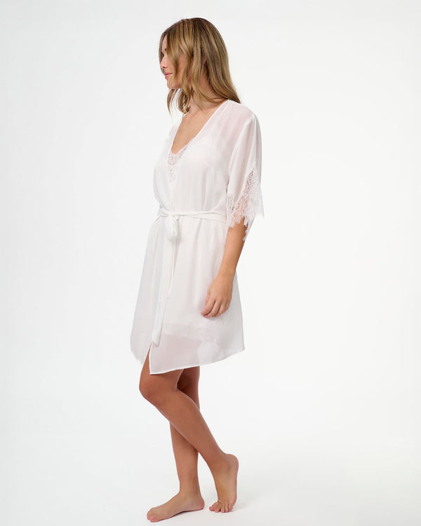 חלוק שיפון שרוול קצר משולב תחרה עשירה - IVORY