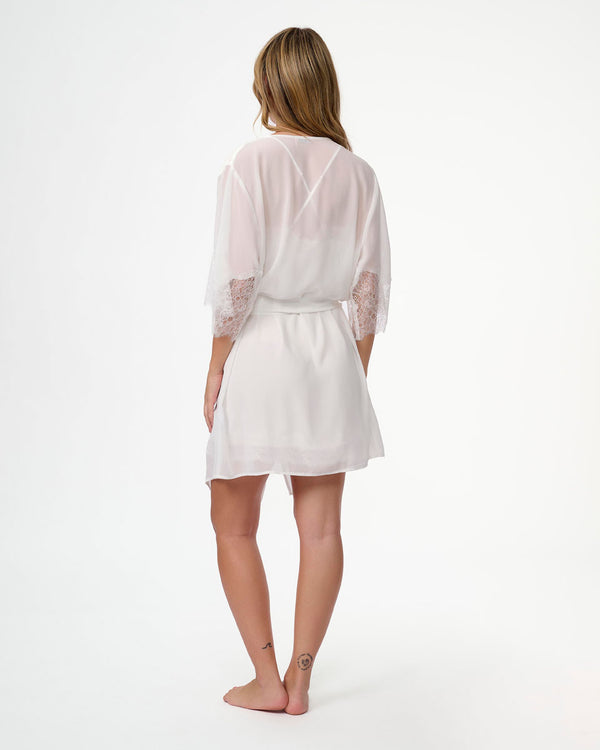 חלוק שיפון שרוול קצר משולב תחרה עשירה - IVORY