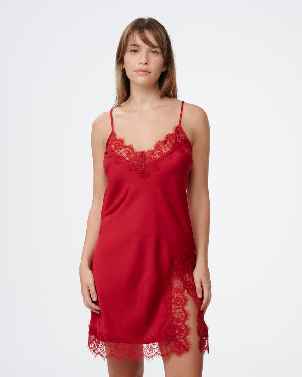 כותונת סאטן מידי בשילוב תחרת ריסים - RUBY RED – תמונה 2