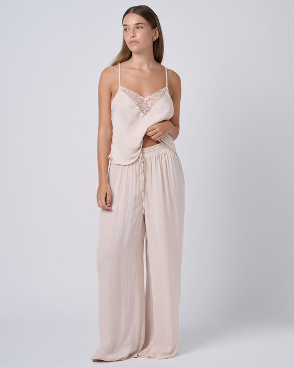 סט סאטן גופייה ומכנס ארוך - OATMEAL