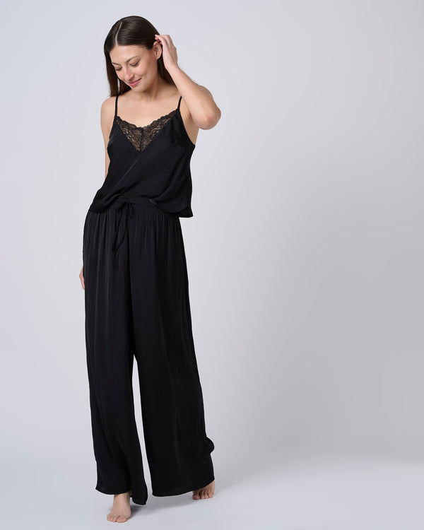 סט סאטן גופייה ומכנס ארוך - BLACK