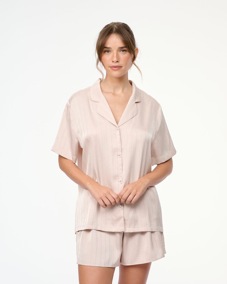 סט פיג'מה סאטן פסים - OATMEAL – תמונה 1