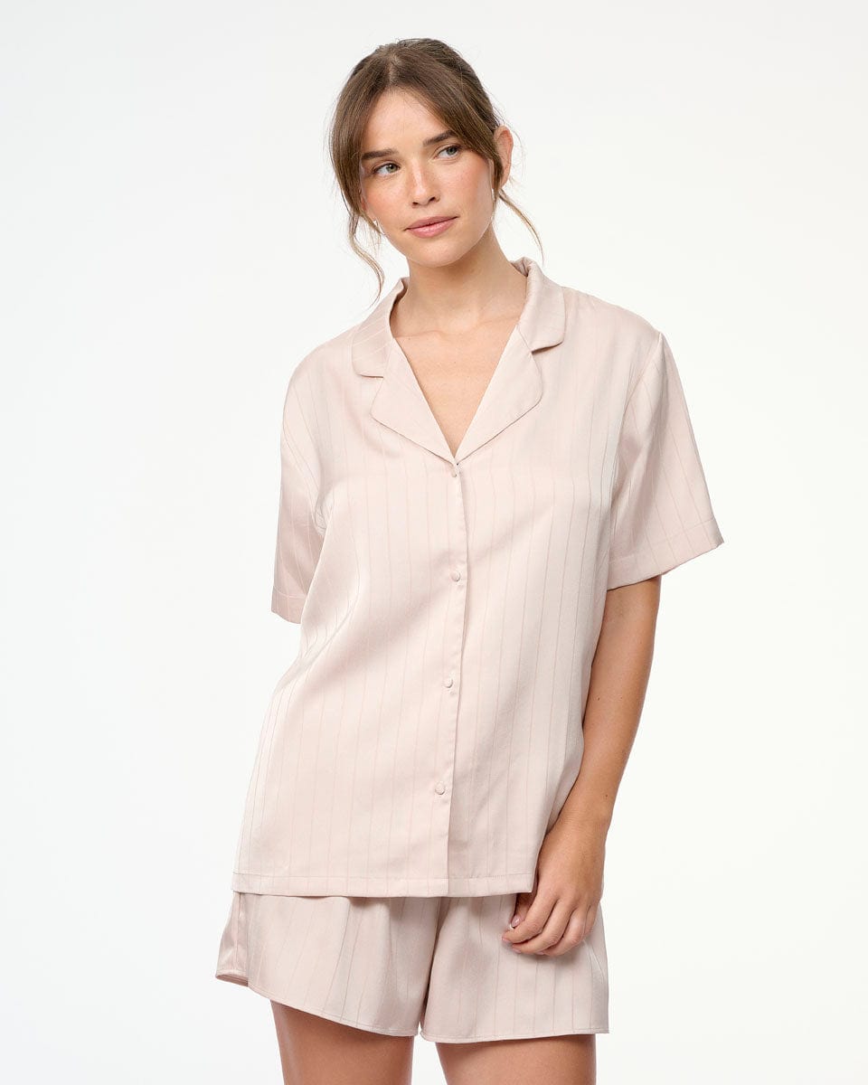 סט פיג'מה סאטן פסים - OATMEAL – תמונה 2