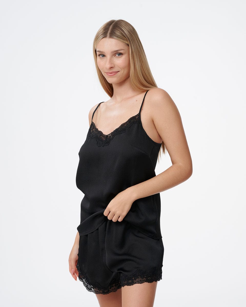 סט בייבי דול סאטן בשילוב תחרה גופיה ומכנסון - BLACK – תמונה 2