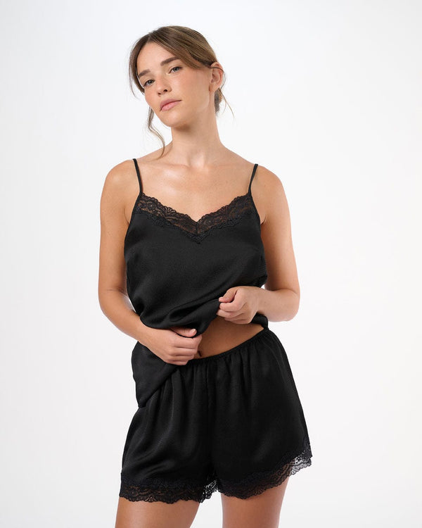 סט בייבי דול סאטן בשילוב תחרה גופיה ומכנסון - BLACK – תמונה 9