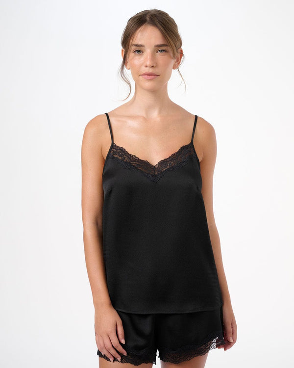 סט בייבי דול סאטן בשילוב תחרה גופיה ומכנסון - BLACK – תמונה 4