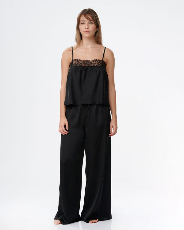 סט סאטן בשילוב תחרה   בגופייה ומכנס ארוך - BLACK – תמונה 1