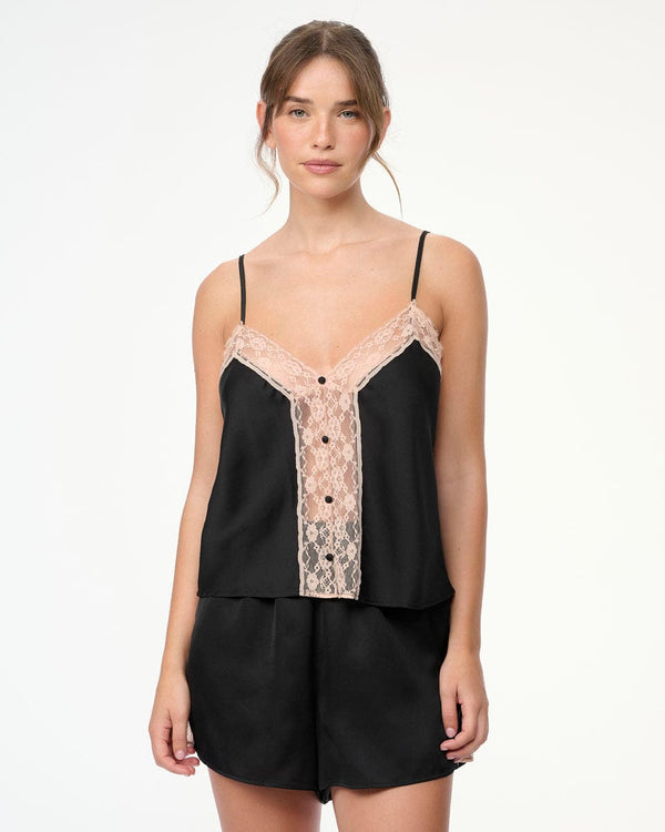 סט בייבי דול סאטן בשילוב תחרה פרחונית - BLACK – תמונה 1