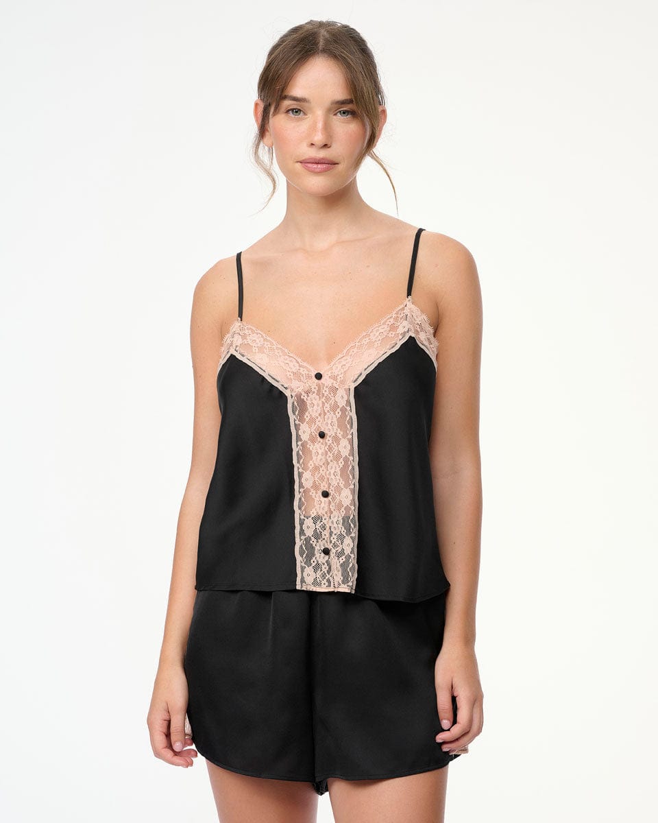 סט בייבי דול סאטן בשילוב תחרה פרחונית - BLACK – תמונה 1