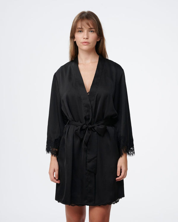 חלוק סטן משולב תחרה עשירה במכפלת בשרוול - BLACK – תמונה 1