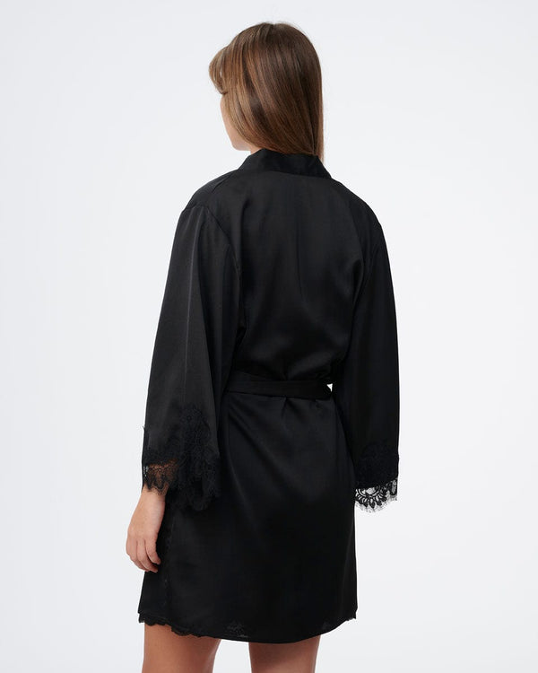 חלוק סטן משולב תחרה עשירה במכפלת בשרוול - BLACK – תמונה 4