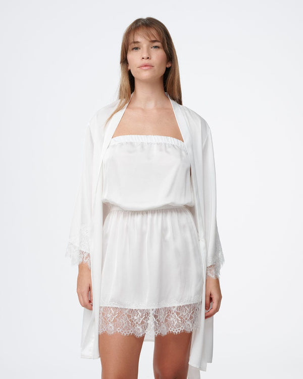 חלוק סטן משולב תחרה עשירה במכפלת בשרוול - IVORY – תמונה 2