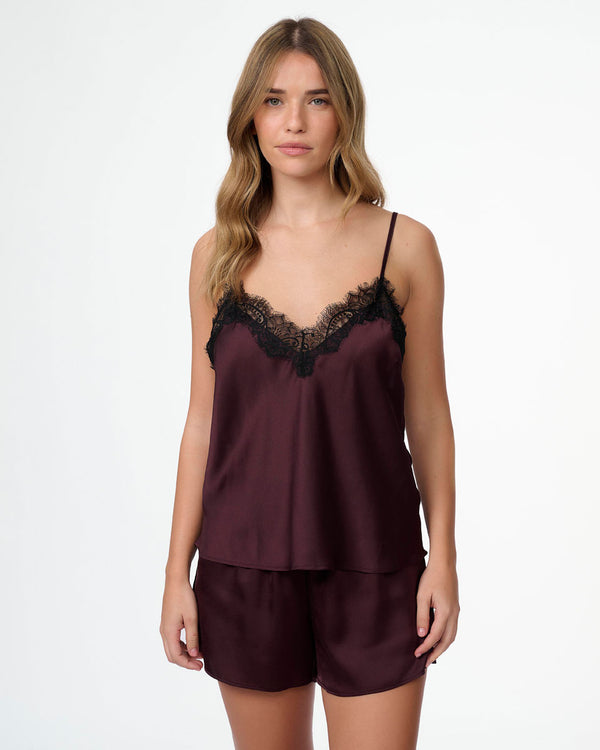 סט בייב דול סאטן בשילוב תחרת ריסים מכנסון וגופייה - BERRY