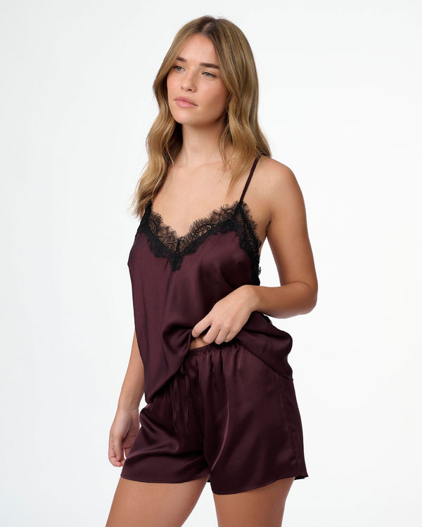 סט בייב דול סאטן בשילוב תחרת ריסים מכנסון וגופייה - BERRY