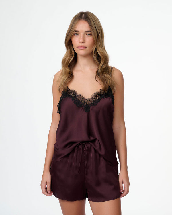 סט בייב דול סאטן בשילוב תחרת ריסים מכנסון וגופייה - BERRY