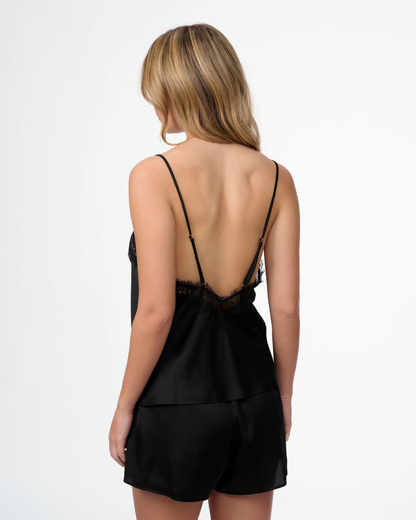 סט בייב דול סאטן בשילוב תחרת ריסים מכנסון וגופייה - BLACK