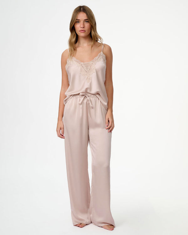 סט בייב דול סאטן במפתח V בשילוב תחרה ורשת גופייה ומכנס ארוך - OATMEAL