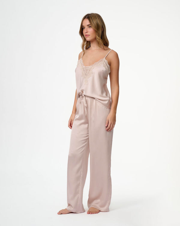 סט בייב דול סאטן במפתח V בשילוב תחרה ורשת גופייה ומכנס ארוך - OATMEAL