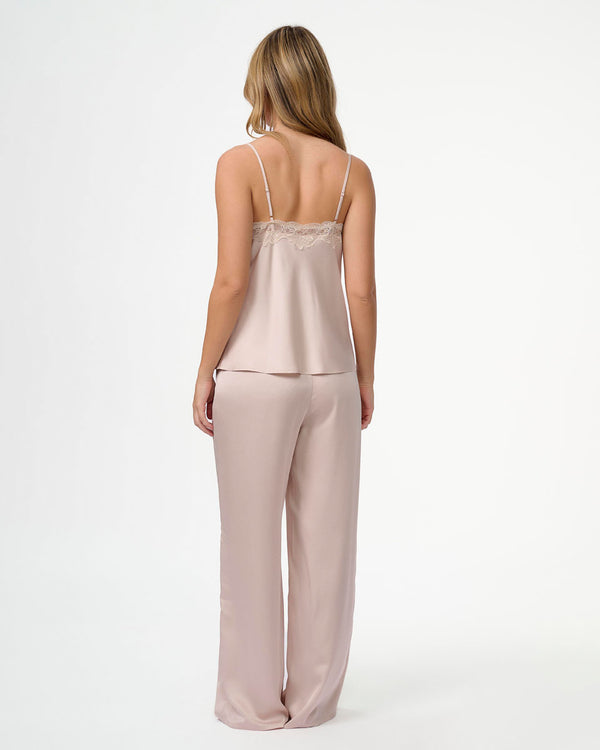 סט בייב דול סאטן במפתח V בשילוב תחרה ורשת גופייה ומכנס ארוך - OATMEAL