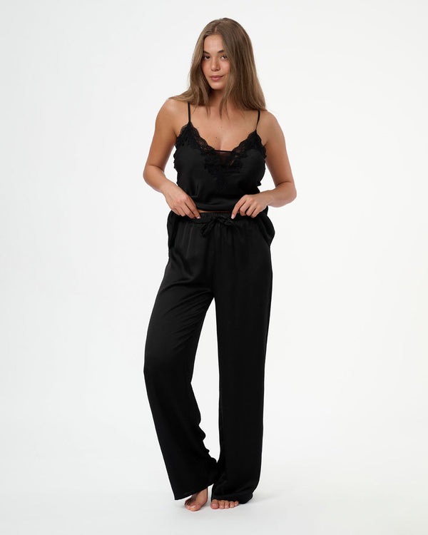 סט בייב דול סאטן במפתח V בשילוב תחרה ורשת גופייה ומכנס ארוך - BLACK