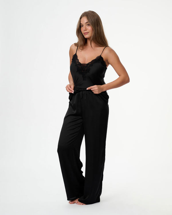 סט בייב דול סאטן במפתח V בשילוב תחרה ורשת גופייה ומכנס ארוך - BLACK