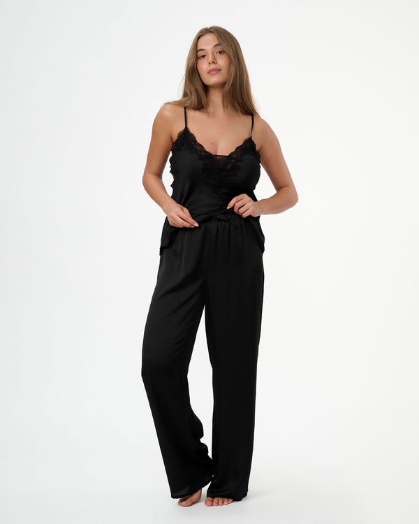 סט בייב דול סאטן במפתח V בשילוב תחרה ורשת גופייה ומכנס ארוך - BLACK