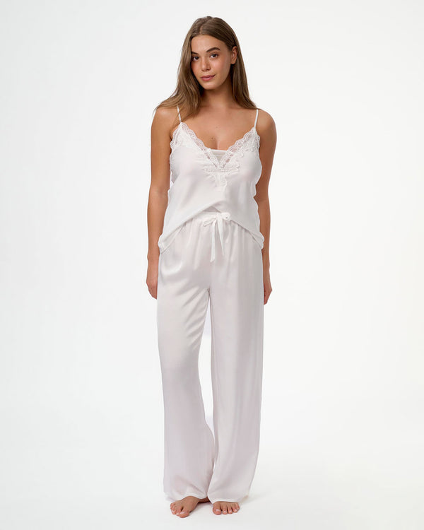 סט בייב דול סאטן במפתח V בשילוב תחרה ורשת גופייה ומכנס ארוך - IVORY