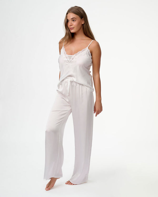 סט בייב דול סאטן במפתח V בשילוב תחרה ורשת גופייה ומכנס ארוך - IVORY