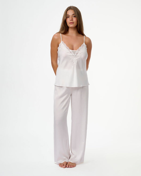 סט בייב דול סאטן במפתח V בשילוב תחרה ורשת גופייה ומכנס ארוך - IVORY