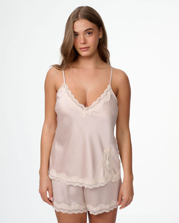 סט בייב דול סאטן עם סרט תחרה עדין מכנסון וגופייה - OATMEAL