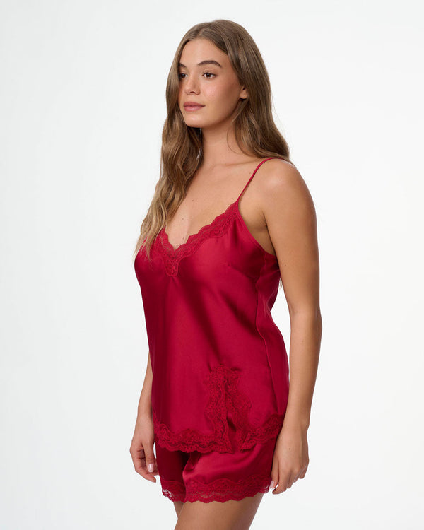 סט בייב דול סאטן עם סרט תחרה עדין מכנסון וגופייה - RUBY RED