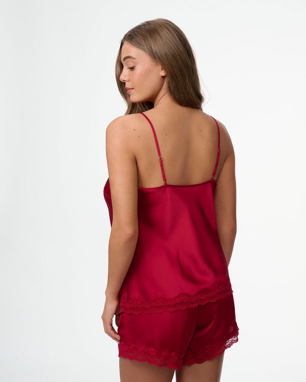 סט בייב דול סאטן עם סרט תחרה עדין מכנסון וגופייה - RUBY RED