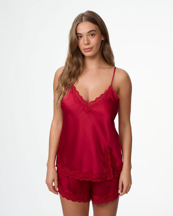 סט בייב דול סאטן עם סרט תחרה עדין מכנסון וגופייה - RUBY RED