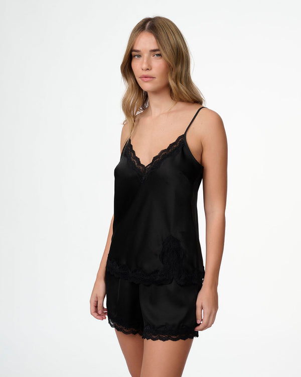 סט בייב דול סאטן עם סרט תחרה עדין מכנסון וגופייה - BLACK