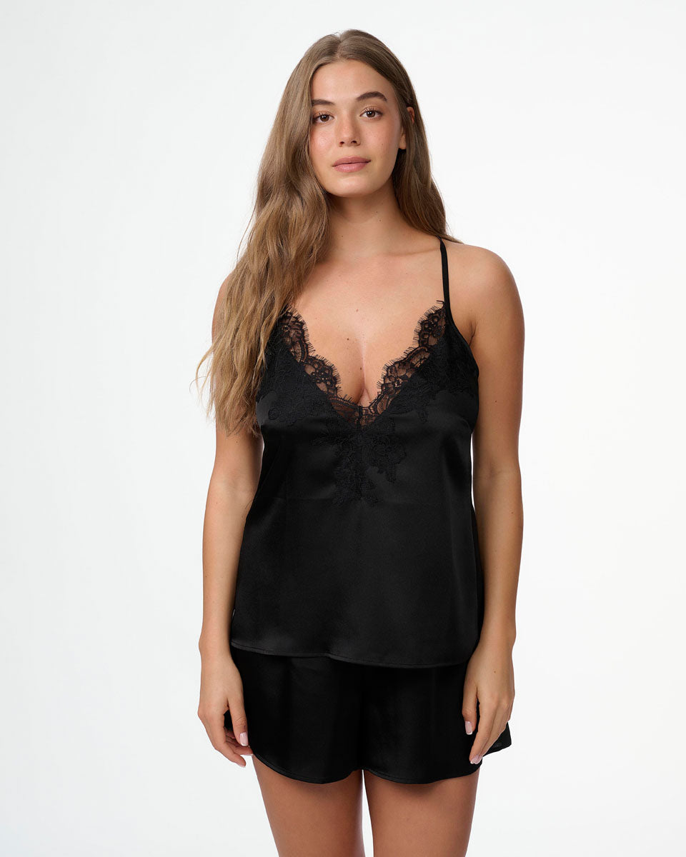 סט בייבי דול סאטן בשילוב תחרה עשירה - BLACK