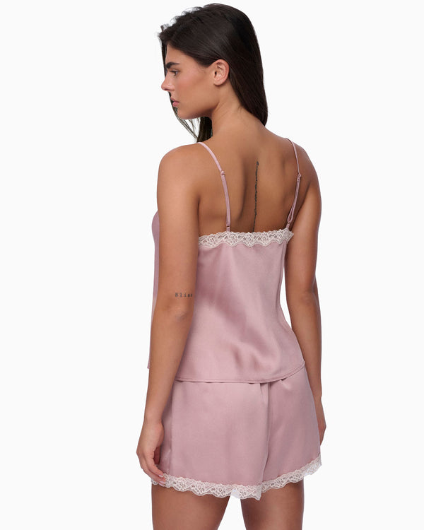 סט בייב דול סאטן עם סרט תחרה עדין - מכנסון וגופייה - SMOKY PINK