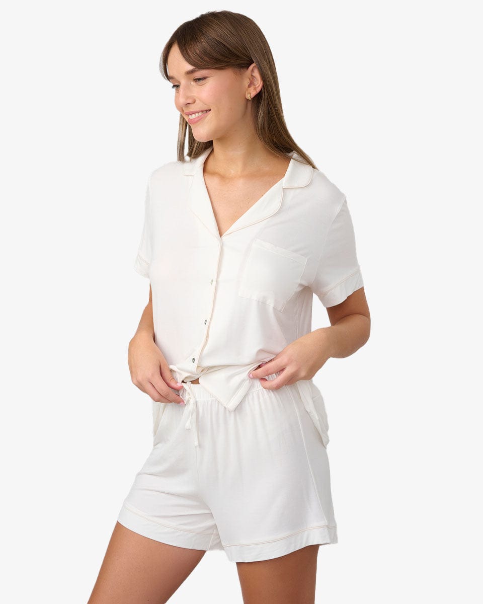 סט פיג'מה ויסקוזה מכנסון וחולצה מכופתרת - IVORY – תמונה 2