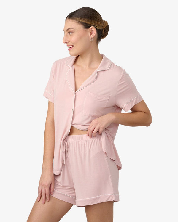 סט פיג'מה ויסקוזה מכנסון וחולצה מכופתרת - PINK – תמונה 2