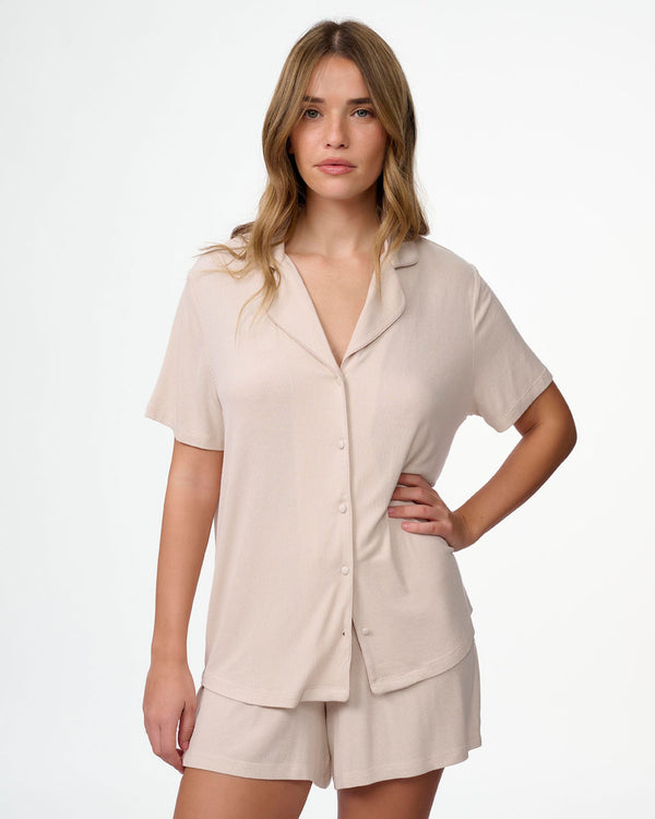 סט פיגמה ריב ויסקוזה 2 חלקים חולצה מכופתרת ומכנסון - OATMEAL