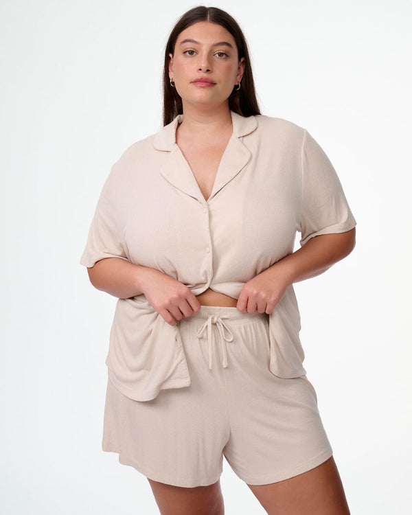 סט פיגמה ריב ויסקוזה 2 חלקים חולצה מכופתרת ומכנסון - OATMEAL