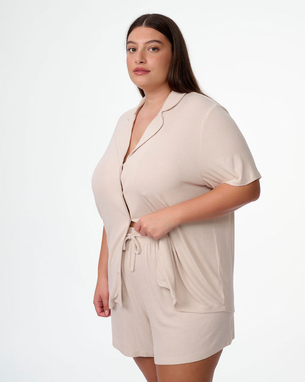 סט פיגמה ריב ויסקוזה 2 חלקים חולצה מכופתרת ומכנסון - OATMEAL