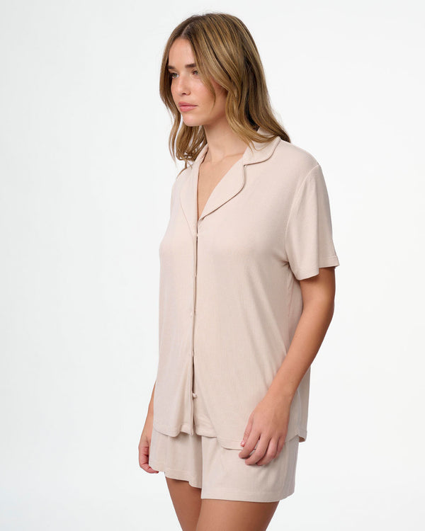 סט פיגמה ריב ויסקוזה 2 חלקים חולצה מכופתרת ומכנסון - OATMEAL