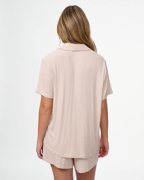 סט פיגמה ריב ויסקוזה 2 חלקים חולצה מכופתרת ומכנסון - OATMEAL