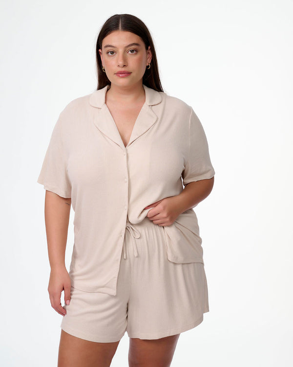 סט פיגמה ריב ויסקוזה 2 חלקים חולצה מכופתרת ומכנסון - OATMEAL