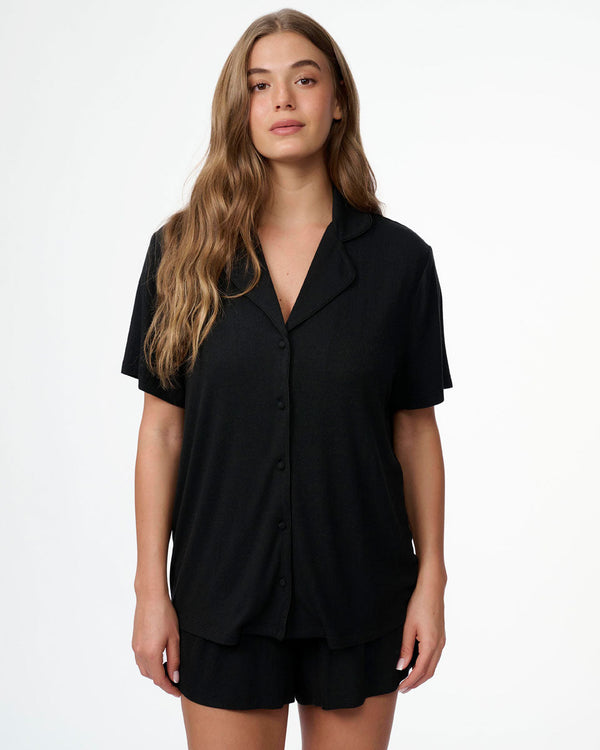 סט פיגמה ריב ויסקוזה 2 חלקים חולצה מכופתרת ומכנסון - BLACK