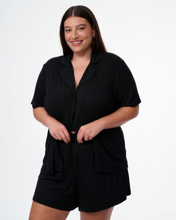 סט פיגמה ריב ויסקוזה 2 חלקים חולצה מכופתרת ומכנסון - BLACK