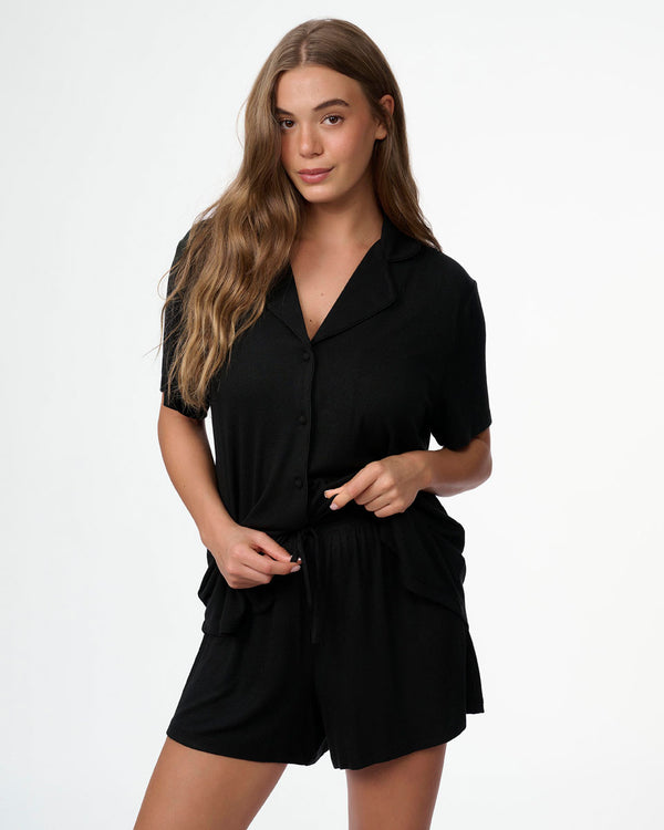 סט פיגמה ריב ויסקוזה 2 חלקים חולצה מכופתרת ומכנסון - BLACK