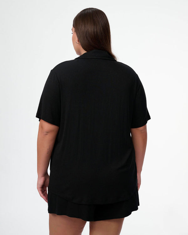 סט פיגמה ריב ויסקוזה 2 חלקים חולצה מכופתרת ומכנסון - BLACK